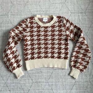 Pink Rose Brown Houndstooth Cropped Sweater